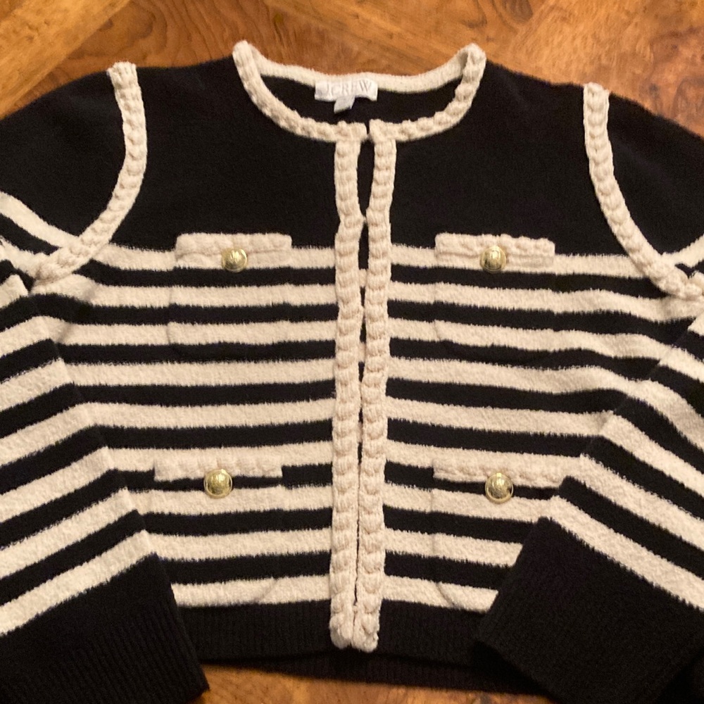 J. Crew Black and Cream Striped Cardigan size medium. Like new